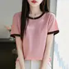 Camiseta de Verano de Hilo Fino con Bloques de Color y Cuello Redondo para Mujer, Textura de Lujo Ligero, Corte Holgado, Adelgazante, Estilo Suave, Versátil para el Trabajo, Top Elegante