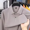 Camisa polo masculina de algodão puro com mangas compridas e gola de lapela, adequada para primavera e outono, cor sólida casual, estilo de negócios leve, versátil, respirável e de corte solto