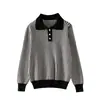 Estilo Nuevo de Primavera Algodón Puro Cuello Polo Tres Botones Cuadros Manga Larga Tejido Holgado Suéter Estilo Coreano Top para Mujer