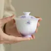 Cortina de Cuentas Moradas Degradadas de Cerámica Arita Pintada a Mano Tazón con Tapa de Mariposa Juego de Té Kung Fu Tazón de Té Cerámico para el Hogar