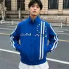 Nueva chaqueta estilo callejero americano, sudadera casual con cremallera para hombres y mujeres, con bordado de letras y patchwork de rayas, ofreciendo una sensación de alta gama
