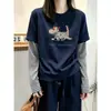 Camiseta de Algodão Puro Falsa Duas Peças Patchwork Listrado Manga Longa Feminina Outono Solta Emagrecedora Camada Base Top Estiloso Cor de Café