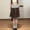 Saia Midi de Renda Cor de Café para Mulheres, Primavera e Outono, Estilo Japonês Vintage, Super Estilosa, Cintura Alta Linha A, Emagrecimento, Meia-Saia Petite