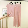 Conjunto de pijama de toque fresco para primavera e verão, camiseta redonda plus size e calça pantalona de duas peças, conjunto de casa feminino em modal adequado para sair