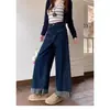 Jeans Retro Azules de Pierna Ancha para Mujer Ligeramente con Sobrepeso MM Talla Grande Sueltos de Cintura Alta Adelgazantes para Personas Bajas Elásticos Versátiles Pantalones de Pierna Recta