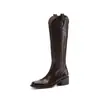 Botas Vaqueras de Caballero con Bordado de Hilo de Piel de Vaca Completa, Cuello en V, Botas Altas Largas de Cuero Genuino, Tacón Grueso Medio, Punta Redonda, para Mujer, Otoño/Invierno 2026