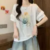 Camiseta Casual Versátil de Encaje Hueco de Algodón Puro de Manga Corta para Mujer, Nuevo Top de Verano Talla Grande Adelgazante de Media Manga Tendencia