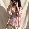 Tiroteo real Primavera/Otoño 2026 Rosa Flor de Cerezo Literaria Estilo Chino Mejorado Botón de Rana Camisa Estampada para Mujer Top Holgado Retro