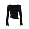 Estilo puramente sensual, hombros descubiertos, cuello de amarre, camiseta de manga larga para mujer, diseño de otoño, cuello halter, top ajustado, camiseta básica