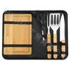Set de Herramientas para Barbacoa de Acero Inoxidable de Fabricante Directo, Set Completo para Barbacoa al Aire Libre con Tenedor, Pala y Pinzas de Mango de Madera