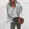 Desejo Novo Ebay Tricô Europeu e Americano Feminino Gola V Manga Longa Cor Sólida Tricô Solto Camisa Básica Top Feminino