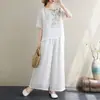 Traje Retro Estampado de Algodón y Lino para Mujer Verano Pulóver Manga Corta Ligero Pantalones de Pierna Ancha Top Adelgazante y Pantalones Traje de Dos Piezas