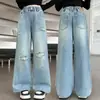 Calça Feminina Primavera e Outono 2026 Nova Estilosa Degradê Rasgada Solta Reta Wide Leg Jeans para Crianças Maiores
