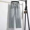 Foto Real de Jeans de Perna Reta para Meninas, Primavera e Outono, Cintura Elástica, Calça Casual de Perna Larga para Alunos do Ensino Fundamental, Algodão