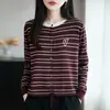 Cardigã de Malha Bordado Listrado Estilo Francês para Mulheres 2026 Nova Moda Elegante Quente Suéter Básico Blusa com Cordão