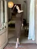 Vestido de Noche Azul Marino Rayado para Mujer, Elegante Vestido de Anfitrión de Banquete con Mangas Largas y Cuello en V, Vestido Bodycon de Longitud Media Ajustado