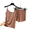 Nuevo conjunto de pijama de algodón modal fino de verano, camisola de cuello en V y shorts conjunto de dos piezas para casa