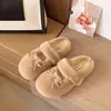 Estilo dulce y femenino, pantuflas mullidas con lazo para mujer, nueva colección otoño/invierno 2026, pantuflas de algodón de suela gruesa, cálidas y suaves para usar en exteriores