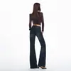 Jeans de campana de tiro bajo para mujer, color Naranja Juvenil # Diseño de remaches retro, corte ajustado, elegantes, versátiles y de largo hasta el suelo