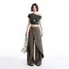 26 Tendencias|Estilo Old Money Pantalones de Traje de Cinta Irregular de Cintura Alta Sueltos con Caída Pierna Ancha Casuales con Detalles de Lana Fruncidos
