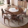 Mesa de Comedor Retráctil Plegable de Madera Maciza con Placa de Inducción y Plato Giratorio Integrados, Adecuada para Hogares Pequeños, Color Nogal Vintage, Convertible a Mesa Redonda