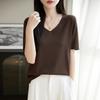 Suéter de Lana Tencel con Cuello en V Camiseta de Manga Corta para Mujer Verano 2025 Nuevo Color Sólido Fino Camiseta Base Top