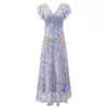 Vestido de Encaje Francés con Panel, Cuello en V, Estampado Floral, Verano, Nueva Llegada, Ceñido a la Cintura, Adelgazante, Elegante, Falda Larga, Mujer