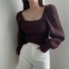 Suéter Retrô Elegante Gola Quadrada Manga Bufante Cor Sólida Outono e Inverno Quente Base Manga Longa Emagrecedor Cintura Cinza Tamanho Único