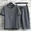 Traje de seda de hielo para hombre, verano, holgado, talla grande, traje deportivo casual, marca de moda, lino, pantalones cortos de manga corta para hombre, conjunto de dos piezas