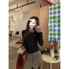 Camiseta Feminina Retrô Xadrez Falsa Duas Peças Ombro Direito Manga Longa Slim Gola Polo Camada Interna Top