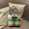 Cesta de Legumes Coração Colorido Contrastante Sacola Plástica Trançada Bolsa de Ombro Grande Capacidade Tecida à Mão Sacola de Lembrança Presente de Casamento