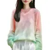 Nueva colección de otoño e invierno: suéter de lana de corte holgado, estilo relajado, de color degradado con tejido de seda cepillada, para mujer, cuello redondo, top de suéter engrosado