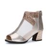 Sandalias de Punta de Pez 2025 Zapatos de Verano Nuevos de Malla para Mujer Zapatos Versátiles de Estilo Coreano Zapatos de Tacón Alto Tacón Medio Tacón Grueso Zapatos de Una Capa para Mujer