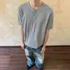 Camiseta Lisa de Manga Corta Retro Americana de Fábrica con Cuello Henry para Hombres y Mujeres, Corte Limpio con Sensación de Alta Gama, Top Casual de Hombro Regular