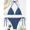 Bikini Sexy de Color Sólido Dividido Europeo y Americano para Mujer Transfronterizo Caliente Ajustado Fruncido Escote en V Profundo Bikini de Gama Alta para Mujer