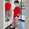 Verão Novo Estilo Conjunto de Duas Peças Calça Longa Manga Curta para Meninos Moda Versátil Crianças Médias e Grandes Conjunto Casual Estiloso Menino Tendência