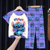 Comercio Exterior Pijamas Infantiles Primavera y Verano Manga Corta Pantalones Trajes para Niños Dibujos Animados Lindo Stitch Ropa de Casa para Niñas Ola