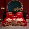 Juego de Cuatro Piezas de Boda de Lujo Estilo Chino Dragón y Fénix, Ropa de Cama Bordada de Algodón Puro para Boda, Colcha Roja de Dote, Ropa de Cama para Habitación de Boda