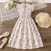 Estilo Novo Primavera e Verão 26 Roupas Infantis Amazon Transfronteiriças, Vestido Rodado Elegante com Estampa Floral e Mangas Leves Ajustado na Cintura