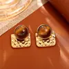 Aretes Estilo Maillard Piedra Ojo de Tigre Chapado en Cobre 24K Sencillos de Moda de Alta Gama Otoño e Invierno Pendientes Nicho Joyería Popular