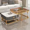 Mesa de centro italiana sala de estar hogar superficie brillante mesa de centro de placa de roca lujo ligero moderno simple apartamento pequeño madera maciza cuadrada mesa auxiliar
