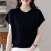 Camiseta de punto holgada de manga corta para mujer, talla grande, estilo nuevo, cuello redondo, top versátil adelgazante para mujeres de talla grande, negro, talla única, blanco