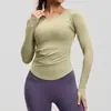 Top Esportivo de Manga Longa V-Neck Plissado Cor Sólida Cross-Border Slim-Fit para Yoga