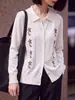 Cardigã de malha azul bordado para mulheres de outono, com gola virada, suéter casual leve com gola polo, nova peça de outer wear jovial