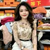Camiseta de manga larga con estampado de malla de doble capa, novedad de otoño transfronteriza para mujer, adecuada para madres y personas de mediana edad y mayores, top elegante y camiseta interior