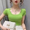 Camiseta de Manga Corta con Cuello Bajo para Mujer, Estilo Primavera/Verano 2026, Chaleco Ajustado, Top Interior Adelgazante de Manga Corta, Camiseta Básica Ajustada de Manga Corta