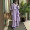 Conjunto Feminino de Duas Peças Europeu e Americano Transfronteiriço Estilo Primavera Novo Temperamento Moderno Tamanho Plus Conjunto de Camisa com Aparência de Linho Calça Longa Solta de Cintura Alta
