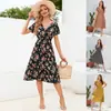 Vestido de verano 2024 transfronterizo nuevo para ir al trabajo, cuello en V, cintura elástica, manga corta, estampado, cómodo, casual, falda de gasa para mujer