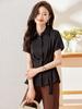 Camisa Negra de Manga Corta para Mujer 2023 Verano Nueva Moda Versátil Camisa Profesional Elegante Ajustada a la Cintura Camisa de Gasa
