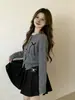 Cárdigan de punto casual estilo coreano con diseño de patchwork de encaje para mujer, nuevo suéter top ajustado con corbatín para otoño e invierno